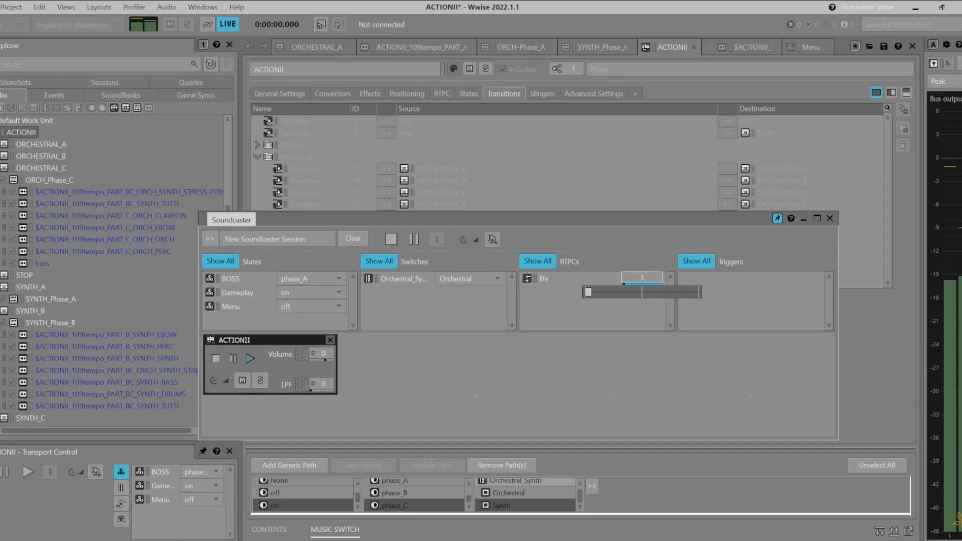 Interface d'un middleware audio illustrant le music design et la structuration d'une musique adaptative